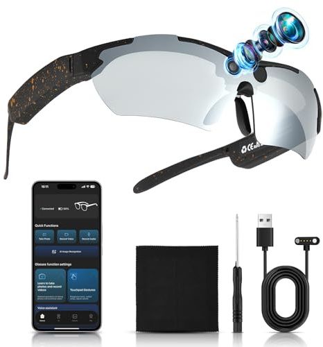 VeftBltrem AI Smart Glasses con fotocamera, occhiali sportivi con fotocamera, mini action camera, 1080p HD, piccola videocamera, occhiali da sole per la registrazione video, supporta foto per esterni