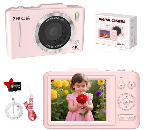 Digital Camera, 1080P FHD 4K 48MP Autofocus Compact Digital Camera with 2.8 LCD Screen, 16X Digital Zoom Digital Cameras with 32GB Card, Vlogging Camera for Kids Beginners Teens Students, Pink