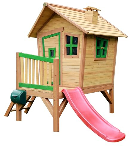 AXI Spielhaus Robin mit roter Rutsche | Stelzenhaus in Braun & Grün aus FSC Holz für Kinder | Spielturm für den Garten