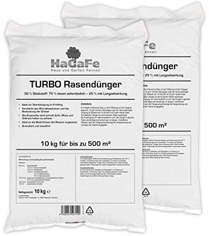 2 x 10kg HaGaFe TURBO Rasendünger mit 30% Stickstoff, Rasen – Dünger mit 120 Tage Langzeitwirkung, Stickstoffdünger, Dünger, sattes Turbo - Grün in einer Woche, 20 kg für 1.000 m²