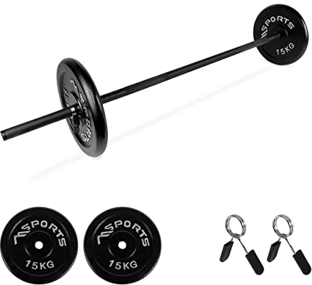 Langhantelstange mit Federverschluss + 30 oder 60 kg Guss - Hantelscheiben Langhantel (Langhantel + 30 kg)