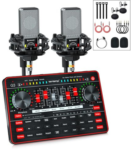 Audio Mixer with Sound Card, tenlamp Two 3.5mm Studio Condenser Microphone and G3 Audio Interface, Voice Changer, Podcast Equipment for PC Recording, Gaming,