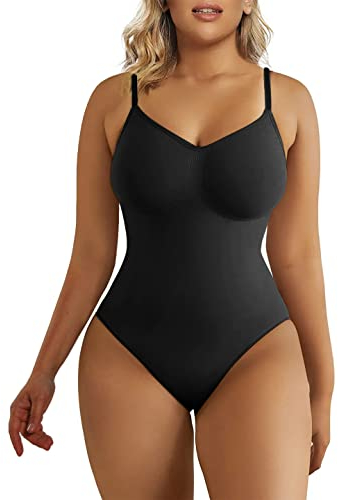 SHAPERX Bodysuit for Women Seamless Body Shaper Tummy Control Shapewear Thong Adjustable Strap, UK-SZ5215-Black-S/M