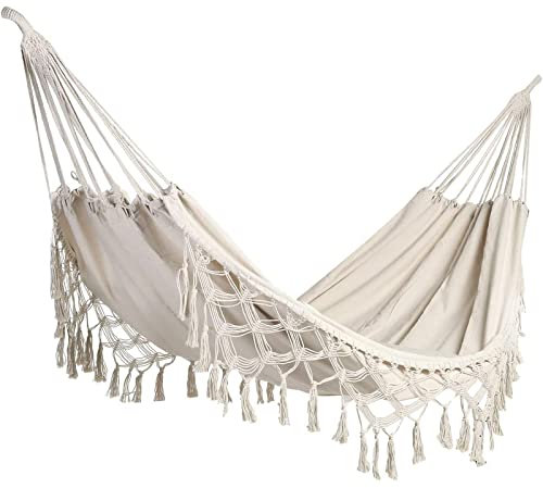 jianyana Outdoor-Hängematte aus Segeltuch, Quasten, Doppel-Boho-Camping-Schaukel mit tragbarer Reisetasche für Camping, Strand, Hof, Terrasse (200 x 150 cm, weiß)