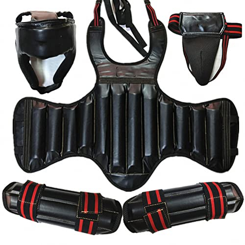MAOTN Verdickter sanda boxschutz 4er set,kopfschützer/brustschützer/Tiefschutz & suspensorium/schienbeinschutz, taekwondo belly Protector set - rot schwarz blau,Black,One Size