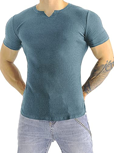 Muhshoiy Camisa de Verano de Manga Corta con Cuello En V, Tops Acanalados con Músculos, Ropa Interior y OcioAzul XS