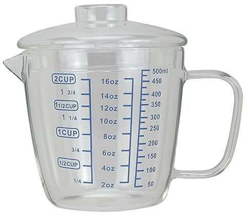 EIKS Glass Measuring Cup with Lid, Easy Grip Handle and V-Shaped Spout, Three Measurement Scale(OZ, Cup, ML), Coffee Milk Frothing Pitcher Latte Maker in Kitchen Restaurant (500ML)