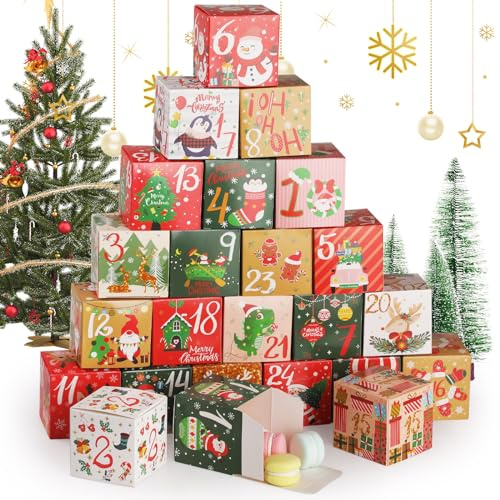 Scatole Regalo di Natale, Hianjoo Calendario dell'Avvento 2025, 24 Scatole Regalo dell'Avvento in carta Kraft, Calendari dell'Avvento di Natale, Scatole per il Conto alla Rovescia (Colorati)