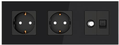 PULSAR Netzwerkdose/Sat-Dose/2x Steckdose Glas Unterputz Schwarz 3-Fach | Sat-Dose Netzwerkdose 2x Steckdosen Glas Unterputz Schwarz 3-Fach, Antennendose/Cat5e RJ45 Ethernet Buchse/Doppelsteckdose