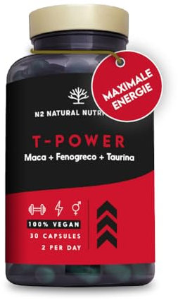 T-Power Natural Supplements for Men. Maca Root, Zinc, Gingseng, Fenugreek, L-Taurine, Black Pepper. Mood Stimulant + Endurance + Energy. Pre Workout. 30 Capsules. Vegan. N2 Natural Nutrition