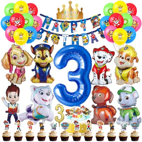Patrol Geburtstag Deko 3 Jahre, Paw Luftballon Kindergeburtstag Jungen Mädchen, Cartoon Dog Ballons Set, Hund Dog Patrol Blau Luftballon 3 Geburtstag, Tortendeko für 3 Jahre Kindergeburtstag Partydeko