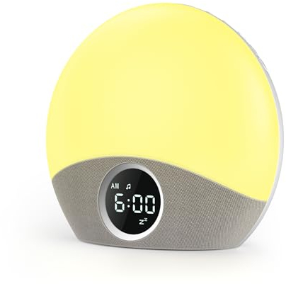 Dreamegg Nite 7 Reveil Lumineux avec Simulateur d'Aube, Machine à Bruit Blanc avec 30 Sons Apaisants, Réveil Matin Lumineux Lampe avec 5 Sons d'Alarme et Veilleuse à 8 Couleurs, 9-minutes de Sieste