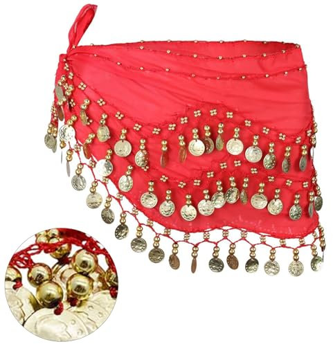 Butyeak Ciarpa All'anca di Danza del Ventre, Ballo di Pancia Sciarpa, Cintura Danza Indiana, Cintura Monete Danza del Ventre, Cintura di Danza del Ventre, Gonna di Danza del Ventre, Rosso