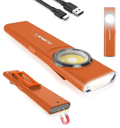 klarus E5 Pocket Flashlight, Rechargeable EDC Flashlight, Super Slim 4.2x1x0.3inch, 600 Lumens, USB-C Port, IPX4, Dual Light Source with Magnetic Base, Hat & Clothes Clip - Orange