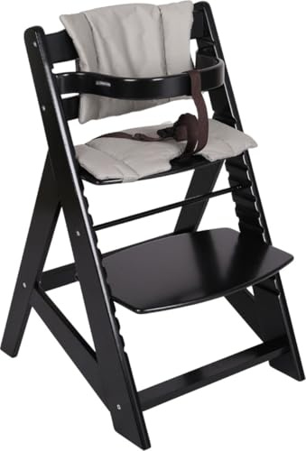 Buxibo Holz-Wachstumsstuhl für Kinder – inklusive Esstablett – verstellbarer Hochstuhl für Komfort – inklusive Kissen – 48x58x80cm – Schwarz