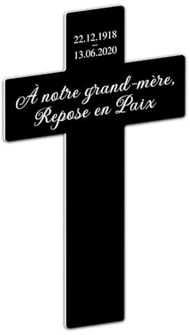 Plaque gravée funéraire Personnalisable en Forme de Croix chrétienne, autocollante, Format 11,6x19 cm, Couleur Noir