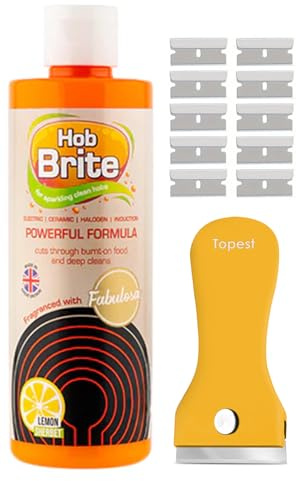 Hob Brite Cleaner Lemon Sherbet (250 ml) + Hob Cleaning Tool [Non-Scratch] + 10 Spare Replacements - A Powerful Cream Formula for Electric, Ceramic, Halogen and Induction Cookers