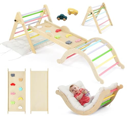JOYMOR 9-in-1 Pikler Triangle Set with Cushion (Large), Montessori Wooden Climbing Set for Toddlers with Colorful-Patterns Rocks, Seesaw, Arch, Foldable Ladder, Ramp, Toddler Climbing Toys Indoor