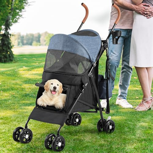 YITAHOME Passeggino per cani a 4 ruote con spallacci per cani di piccola e media taglia, pieghevole, con portabicchieri e borsa portaoggetti (blu nero)