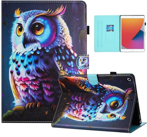Auslbin Buntes PU Hülle für iPad 10.2 9/8/7 Gen 2021/2020/2019 Zoll, Schönes Muster, Flip iPad 10.2/A2603 Tablet Hülle mit Ständer, Geeignet für Filme, Video-Chats, Eule