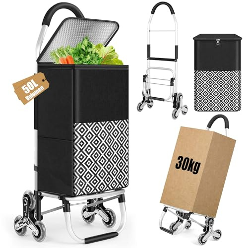 Chariot de courses en aluminium de 50 l - Avec compartiment isotherme - Chariot de courses avec chemin d'escalier - Pliable - Sac de courses avec 6 roues - Panier à provisions avec roulettes - Noir