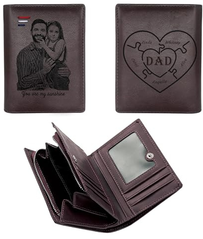 KOLOWKO Personalisierte Geldbörse Herren mit Kartenschlitzen - Gravur Leder Portemonnaie Dreifach mit Foto, Geschenke für Vater Ehemann Sohn