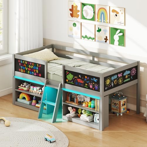 Giantex Low Loft Bed with LED Lights, Wooden Twin Size Loft Bed with Ladder & Blackboard, Twin Bed Frames for Kids with Storage 2 Bookcases and Play Space, Grey