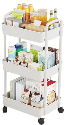 Eidoct Beauty Trolley on Wheels 3 Tier Storage Trolley with handle Space-Saving Beauty Trolleys Rolling Utility Cart Craft Trolleys on Wheels for Home Kitchen Bathroom Laundry Office White