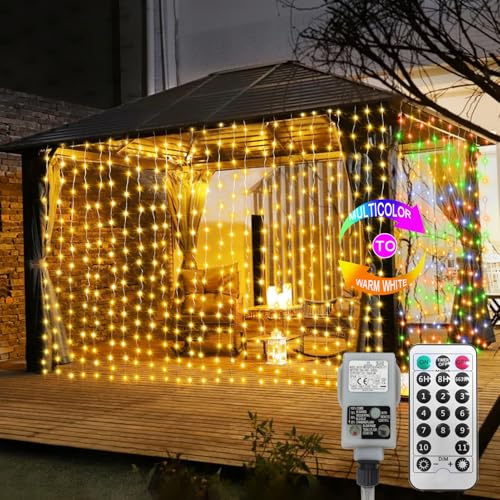 ZAIYW 6mx3m 600 LED Curtain Lights, Dual Color Curtain String Light with Remote Timer Plug in, Waterproof Curtain Fairy Lights for Bedroom Wedding Christmas Outdoor Decor (Warm White & Multicolor)