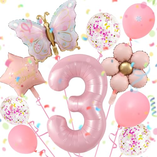 3 Jahre Schmetterling Geburtstag Deko 12 Stück, mit Luftballon Blume | Schmetterling Folienballon 3 Jahre, SchmetterLing Luftballon 3, Bunt SchmetterlInge Geburtstagsdeko, Mädchen 3 JahRe