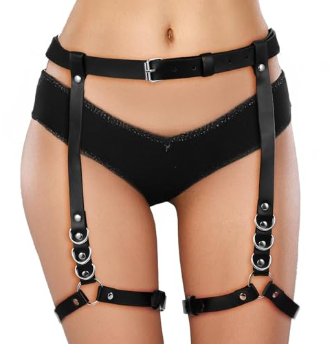 Quilax Thigh Garter, Punk Leather Leg Harness for Woman, Adjustable Goth Thigh Harness for Women and Girls Rave Outfit, Garter Belt for Halloween Dress Up and Cosplay(Black)