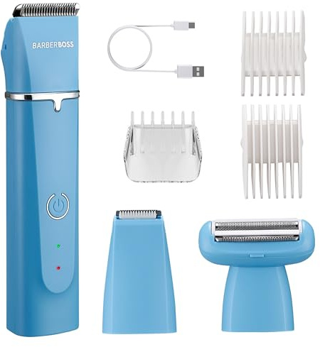 BarberBoss Fellpflegeset für Männer, Bart-, Haar- und Körperschneider, 3 austauschbare Köpfe, Keramikklingen, USB wiederaufladbar, wasserdicht, Gesichts- und Körperschneidemaschine Set