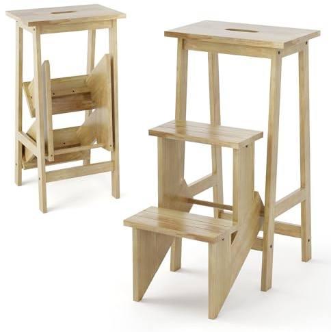 COSTWAY Stegstol, stegstege vikbar i 3 steg, stegstol med handtag, upp till 310 kg, hushållsstege av massivt trä, halkfri stege för hushåll, kontor, kök (natur)