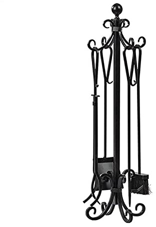 Fireplace Tool Set,Fire Pit Tools Set - Heavy Duty Cast Iron Fireplace Companion Kit, 5 Pieces Includes Brush, Poker, Shovel, Tong - Stand for Outdoor Use