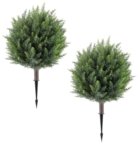 PlusFive 2PCS Artificial Topiary Ball Tree with Ground Spike, 65cm Artificial Cypress Topiary Trees UV Resistant Artificial Plants Faux Greenery Shrubs for Front Porches Garden Patio Yard Decor