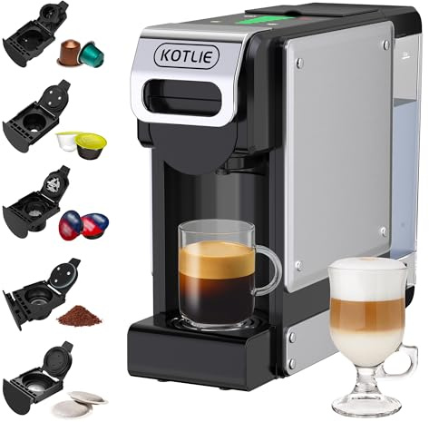 Macchina da caffè a capsule, Macchina da Caffè Multifunzione 5 in 1, per Nespresso Original/per Dolce Gusto/per A MODO MIO/ESE(44 mm) e caffè macinato, con sette impostazioni di volume dell'acqua