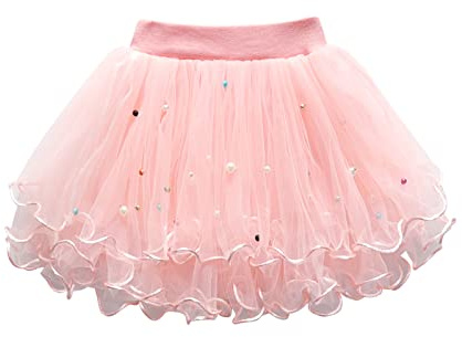 Girls Pearl Tutu Skirts Princess Ballet Dance Layered Tulle Skirt Puffy Fairy Dress for Daily Dance Solid Color Mesh Skirts Christmas New Year Birthday Carnival Theme Party Costume for 2-7 Years Pink
