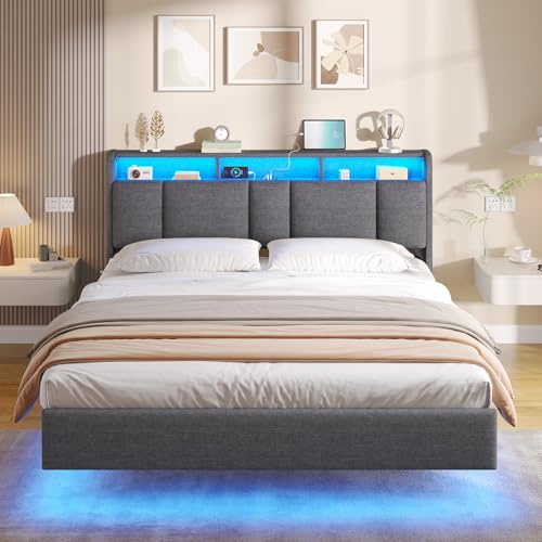 AOGLLATI Polsterbett 160x200 cm, Bett 160x200 mit LED Beleuchtung und Ladestation, Schwebebett mit Kopfteil, Lattenrost aus Metall, Leichte Montage, Doppelbett, Leinen, Dunkelgrau (ohne Matratze)