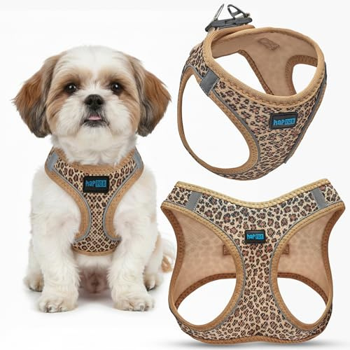 HAPPET Hundegeschirr S für kleine Hunde – atmungsaktives Air-Mesh Brustgeschirr, weich gepolstert, leicht & verstellbar, reflektierend, komfortabel & stylisch, leichtes Softgeschirr für Hunde, Leopard