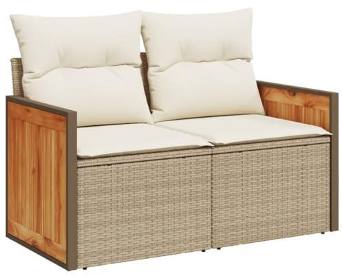 QJBSAVVA 2-Sitzer Gartensofa Poly Rattan mit Kissen, Loungesofa für Balkon und Terrasse, Outdoor Sitzbank mit Akazienholz-Details und Stahlrahmen, Beige, 118 x 62 x 69 cm