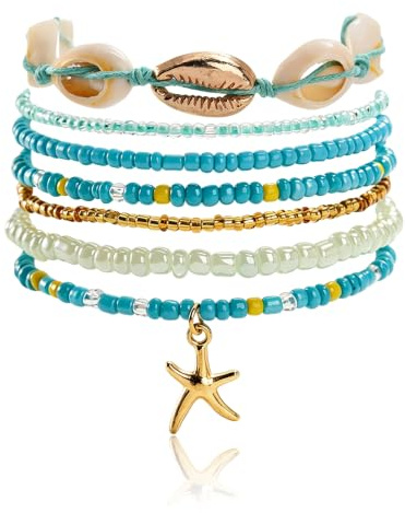 Wasise 7PCS Shell Bracelets, Boho Beach Starfish Stackable Jewellery, Blue