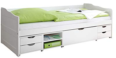 TiCAA Einzelbett Sofabett Funktionsbett, Melinda mit Schubkasten für Schlafzimmer, Kinderzimmer Kiefer Massivholz Bettgestell 90 x 200 cm