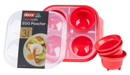 Décor Microsafe Microwave Steam Egg Poacher. Cooks 1-4 Eggs at Once in Under 3 Minutes. BPA Free and Fully Dishwasher and Freezer Safe. with Safety Hold Handles and steam Release Vents. Red.