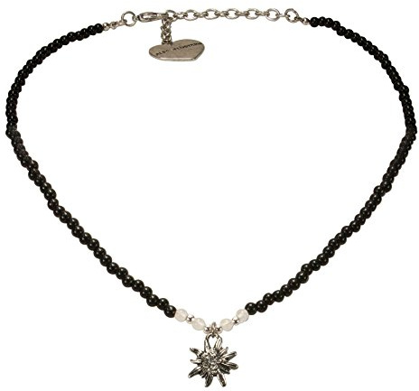 Alpenflüstern Filigran Perlen-Trachtenkette Strass-Edelweiß - Damen-Trachtenschmuck mit antik-Silber-farbenem Edelweiss, Dirndlkette in schwarz und Creme-weiß DHK204