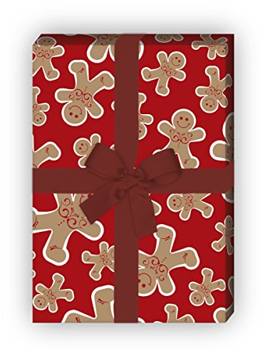 Kartenkaufrausch Leckeres Weihnachtspapier, Geschenkpapier Set zu Weihnachten mit fröhlichen Lebkuchen Männern, rot, für tolle Geschenk Verpackung, Designpapier, scrapbooking, 4 Bogen, 32 x 48cm