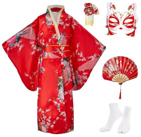 KRUIHAN Yukata, barn, vintage, japansk stil, flicka, kimono, klänning, traditionella kläder, silkestyg, rock, bröllopskläder, fest, föreställningsklänning, Röd, 130 cm