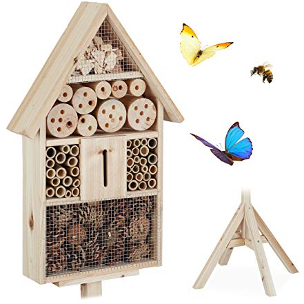 Relaxdays Insektenhotel Haus auf Ständer, Nisthilfe für Garten, Bienenhotel Wildbienen, Holz, HBT: 140x47x47cm, natur