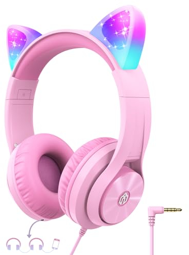iClever Casque Audio Enfant, Oreilles de Chat Lumineuses LED, Volume Limité à 85dBA, Port partagé, pour Enfants/Ecole/iPad/Tablette Voyage