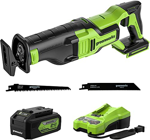 Greenworks 24V Sega Gattuccio a Batteria, Seghetto a Batteria con Batterie 4Ah e Caricabatteria, 2700 RPM, 150 mm lame per sega 14 TPI e 6 TPI, per il taglio di legno, metallo, tubo in PVC