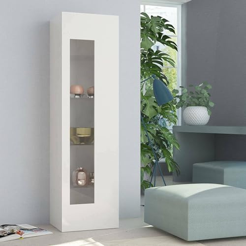 Dmora - Vetrina Mimmo, Credenza con anta a vetro, Mobile da soggiorno multiuso, 100% Made in Italy, cm 45x34h162, Bianco lucido